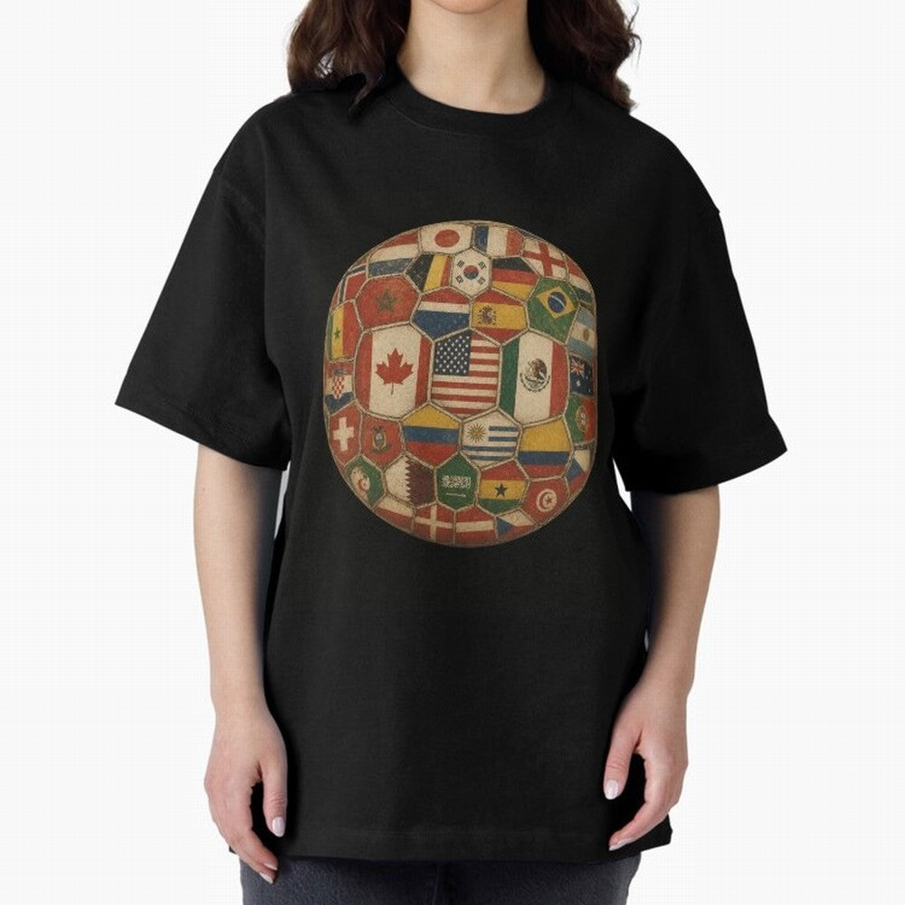 Vintage World Flags Soccer Ball,2026 International Football Graphic Gifts Tee Oversized T-Shirt Enjoy Global Football Passion for FIFA World Cup 2026, Highlighting Neymar, Haaland and Cristiano Ronaldo, Brazil, Portugal and Argentina, Vintage