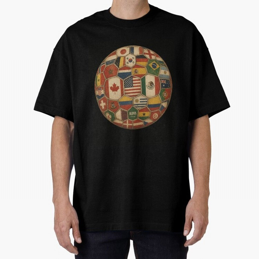 Vintage World Flags Soccer Ball,2026 International Football Graphic Gifts Tee Oversized T-Shirt Enjoy Global Football Passion for FIFA World Cup 2026, Highlighting Neymar, Haaland and Cristiano Ronaldo, Brazil, Portugal and Argentina, Vintage