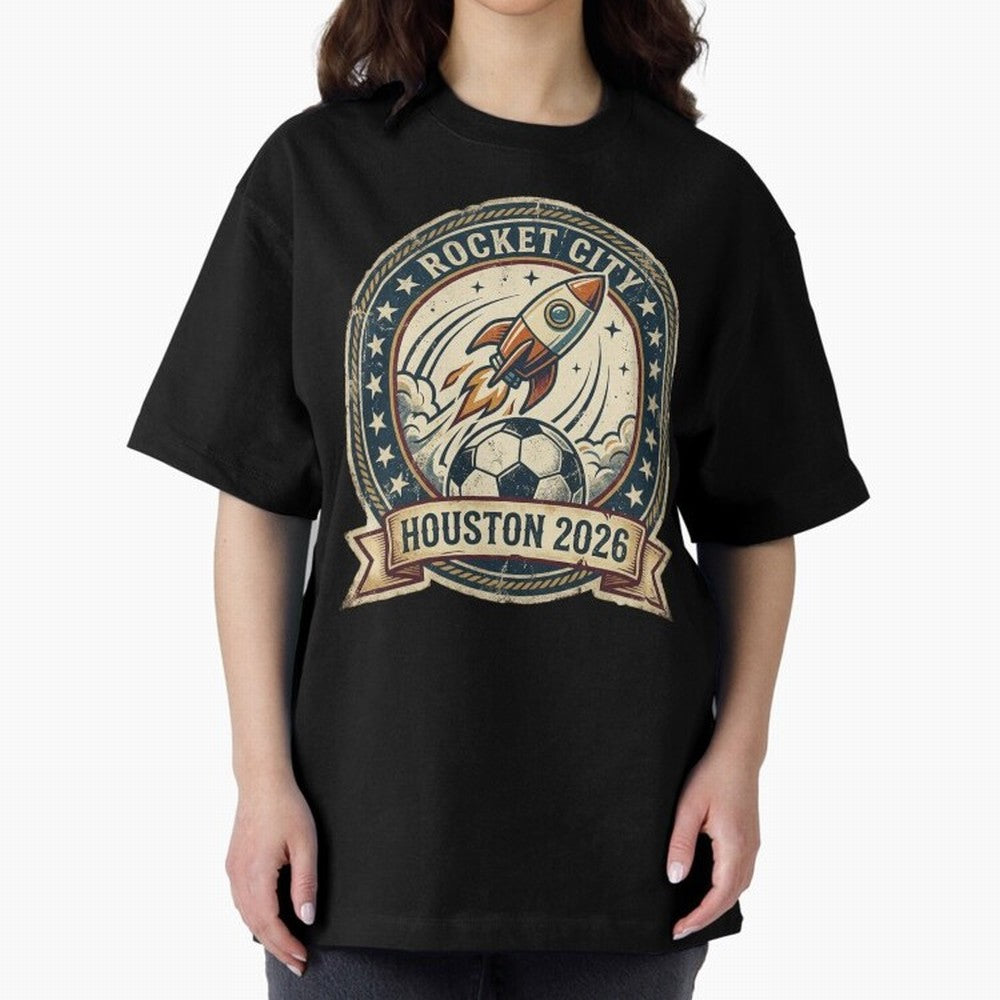 Houston 2026 World Cup Host City Vintage Football Badge ¡ª Rocket City Space Soccer Crest Design Oversized T-Shirt Celebrate Soccer Greatness during FIFA World Cup 2026 Group Stage Featuring Cristiano Ronaldo, France Energy, Champion Mindset, Group