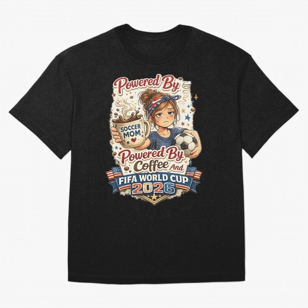 Funny USA Football Design Soccer Mom Powered By Coffee And FIFA World Cup 2026 Oversized T-Shirt Represent FIFA World Cup 2026 USA Canada Mexico for Fans of Cristiano Ronaldo and Portugal, Spain and Germany, Bringing Match Day Excitement, Supporter