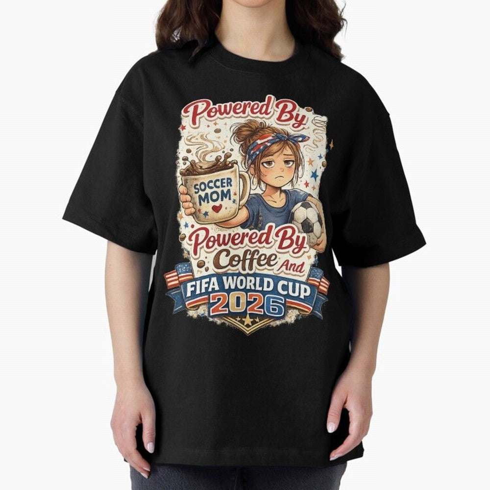 Funny USA Football Design Soccer Mom Powered By Coffee And FIFA World Cup 2026 Oversized T-Shirt Represent FIFA World Cup 2026 USA Canada Mexico for Fans of Cristiano Ronaldo and Portugal, Spain and Germany, Bringing Match Day Excitement, Supporter