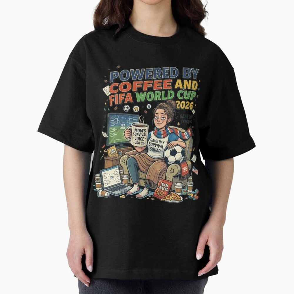 Soccer Mom Powered By Coffee And FIFA World Cup 2026 Funny USA Football Design Oversized T-Shirt Share FIFA World Cup 2026 Group Stage for Fans of Messi, Neymar and Mbappe and France, Bringing Championship Spirit, Famous Goals, Roaring Crowds and