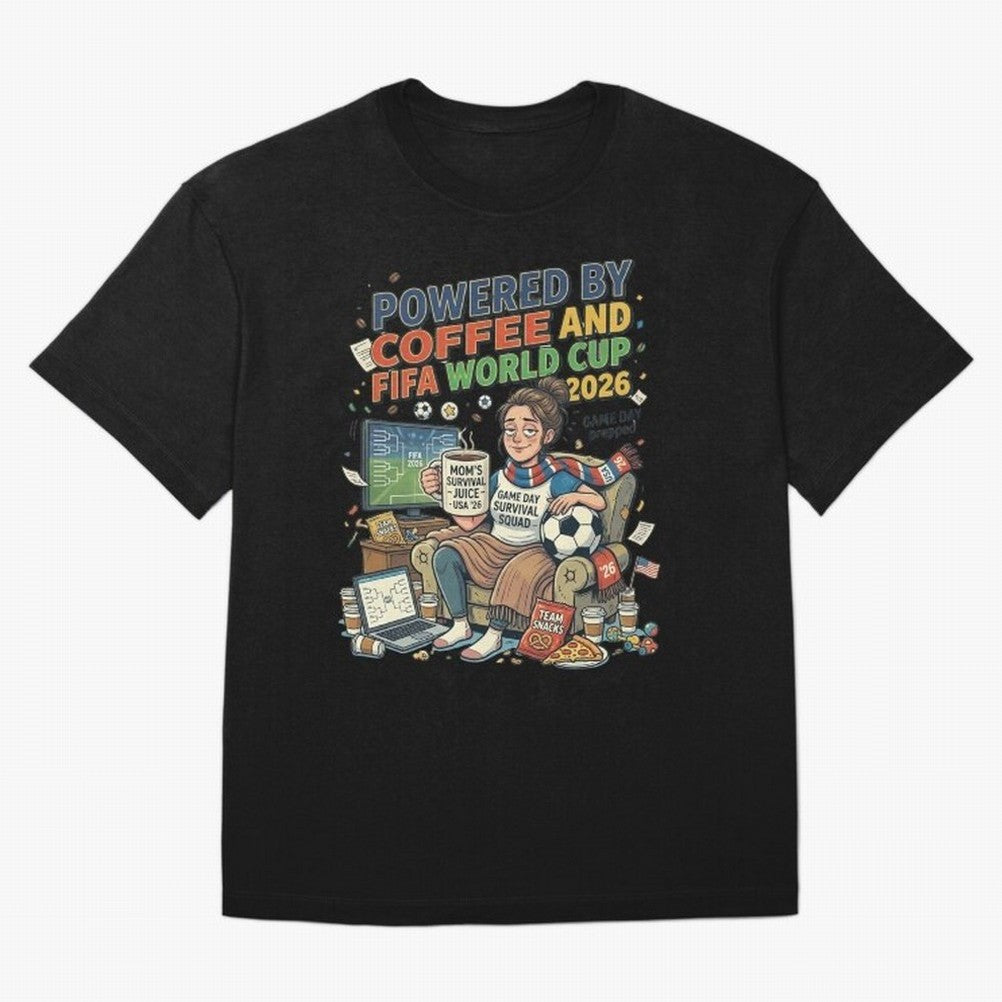 Soccer Mom Powered By Coffee And FIFA World Cup 2026 Funny USA Football Design Oversized T-Shirt Share FIFA World Cup 2026 Group Stage for Fans of Messi, Neymar and Mbappe and France, Bringing Championship Spirit, Famous Goals, Roaring Crowds and