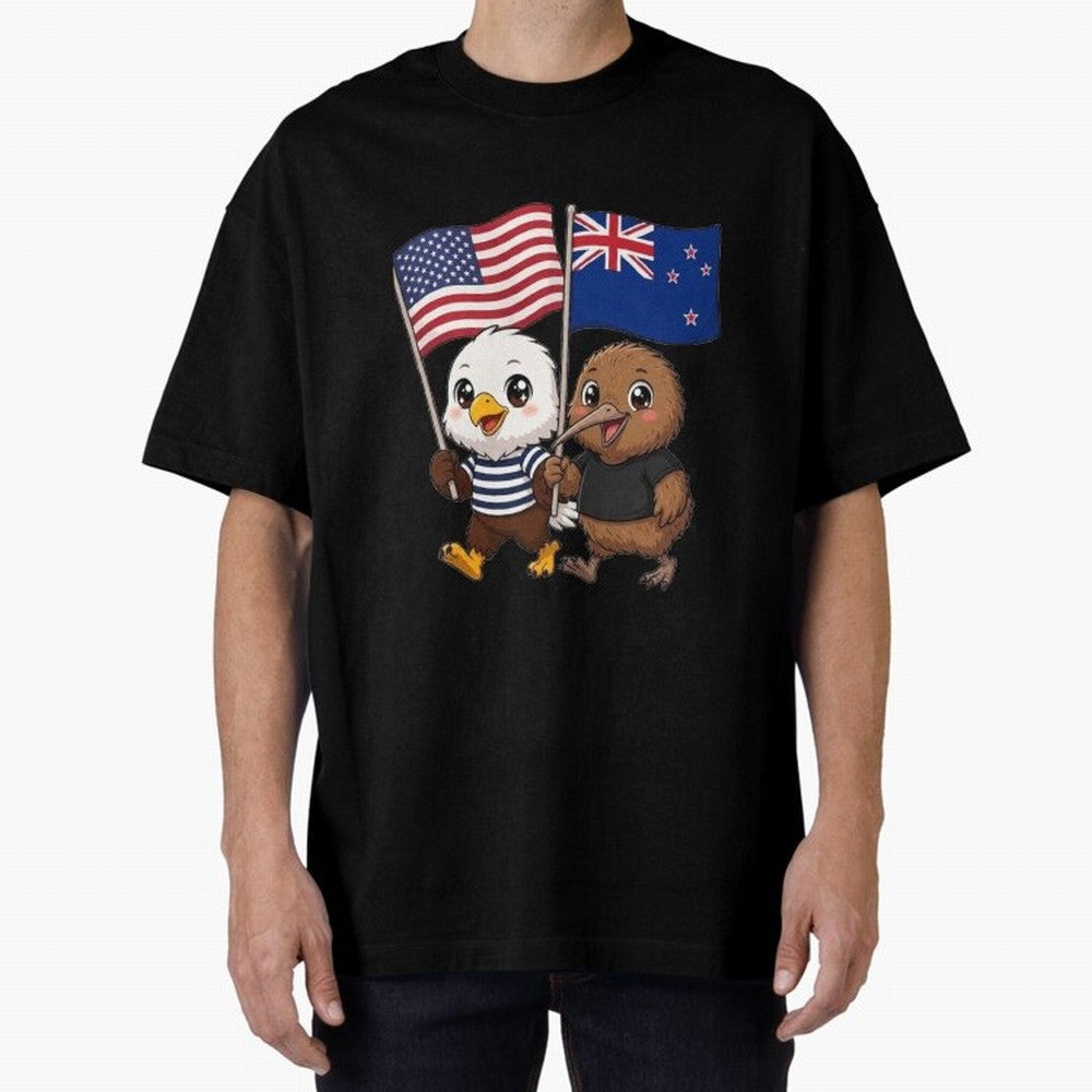 the American eagle and its friend the New Zealand kiwi Oversized T-Shirt Bring International Match Energy to Global Football Passion for FIFA World Cup 2026 USA Canada Mexico, Capturing Cristiano Ronaldo, Germany, Stadium Chants, National Pride,