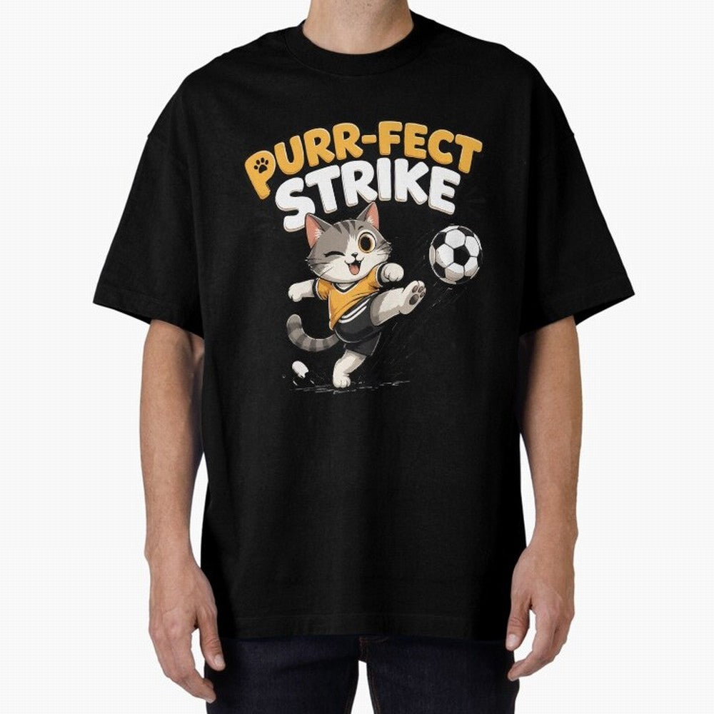 Purr-fect Strike Oversized T-Shirt Celebrate Every Goal in Global Football Passion for FIFA World Cup 2026, Celebrating Mbappe and Neymar, Germany, Game Day Rituals, Football Legends, Country Pride and the Road to the Final; Great for Supporters