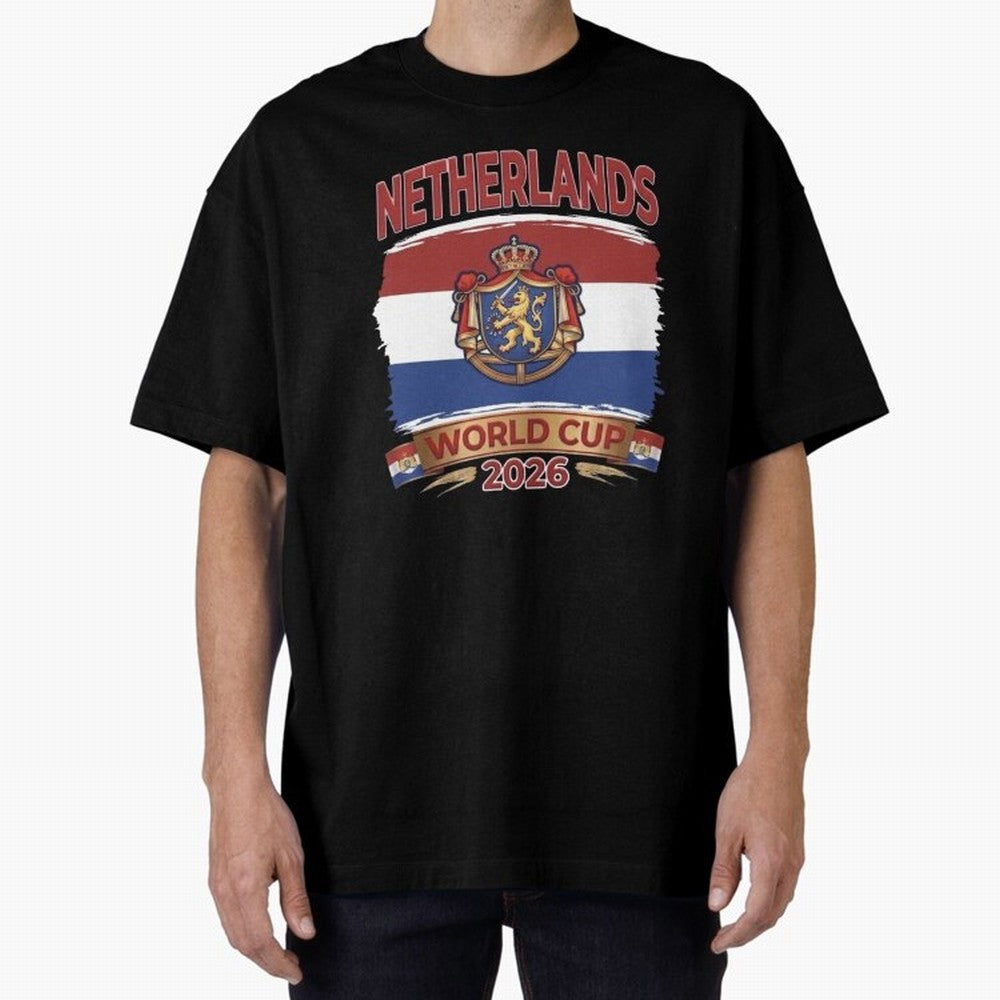 Netherlands World Cup 2026 Coat of Arms Football Design Oversized T-Shirt Follow FIFA World Cup 2026 Group Stage Spirit, Driven by Argentina, France and Brazil, Mbappe and Neymar, Champion Mindset, Group Stage Buzz, Knockout Tension and Passionate