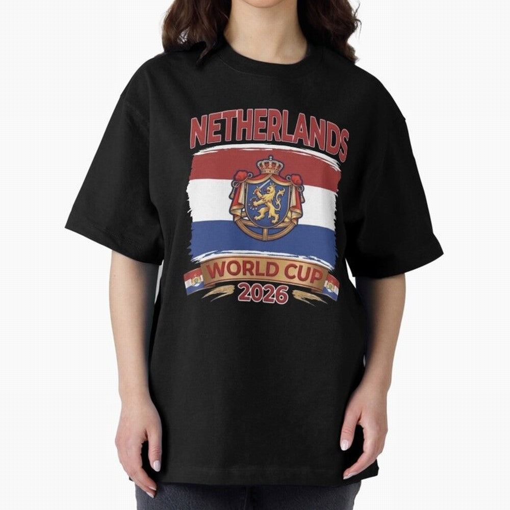 Netherlands World Cup 2026 Coat of Arms Football Design Oversized T-Shirt Follow FIFA World Cup 2026 Group Stage Spirit, Driven by Argentina, France and Brazil, Mbappe and Neymar, Champion Mindset, Group Stage Buzz, Knockout Tension and Passionate