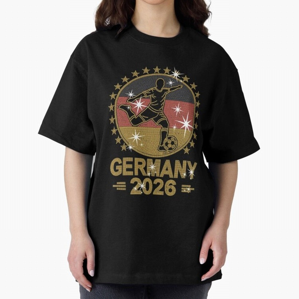 Germany Soccer World Cup 2026 Glitter Style Fan Art Oversized T-Shirt Get Ready for the FIFA World Cup 2026 USA Canada Mexico Journey through Mbappe and Neymar Highlights, Brazil, Portugal and Argentina Pride, Classic Soccer Heritage, Championship