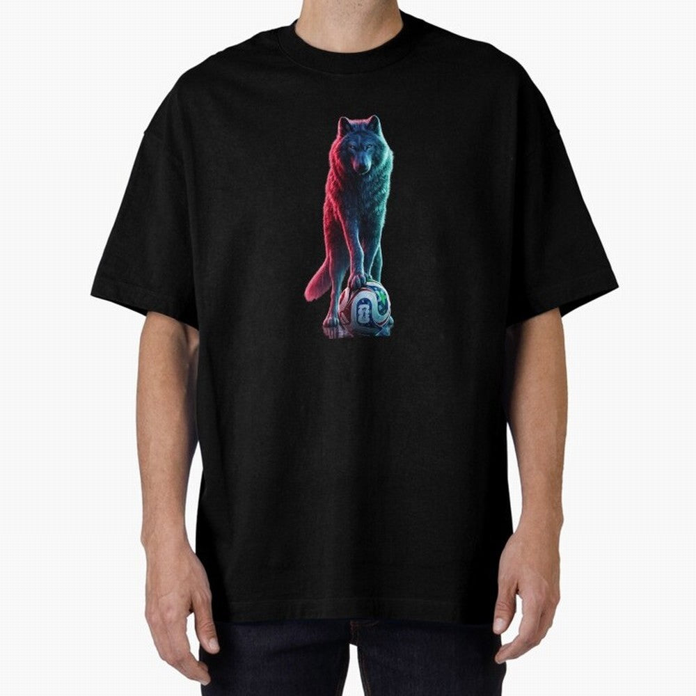 Neon Alpha Wolf with Soccer Ball | Futuristic Sports Fantasy Art Oversized T-Shirt Follow the Road to the FIFA World Cup 2026 Group Stage Journey through Neymar Highlights, Brazil Pride, Sports Nostalgia, International Competition, Famous Players