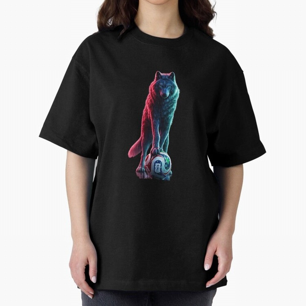 Neon Alpha Wolf with Soccer Ball | Futuristic Sports Fantasy Art Oversized T-Shirt Follow the Road to the FIFA World Cup 2026 Group Stage Journey through Neymar Highlights, Brazil Pride, Sports Nostalgia, International Competition, Famous Players