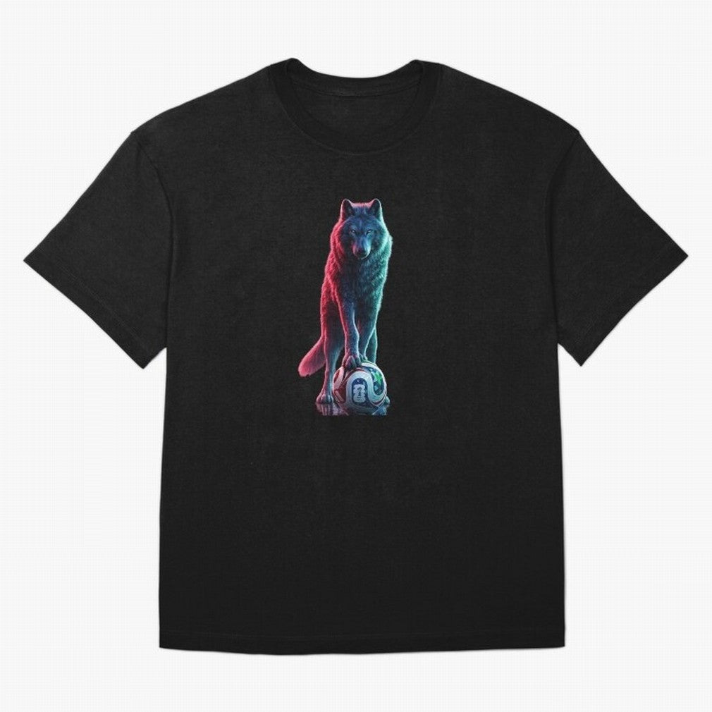 Neon Alpha Wolf with Soccer Ball | Futuristic Sports Fantasy Art Oversized T-Shirt Follow the Road to the FIFA World Cup 2026 Group Stage Journey through Neymar Highlights, Brazil Pride, Sports Nostalgia, International Competition, Famous Players