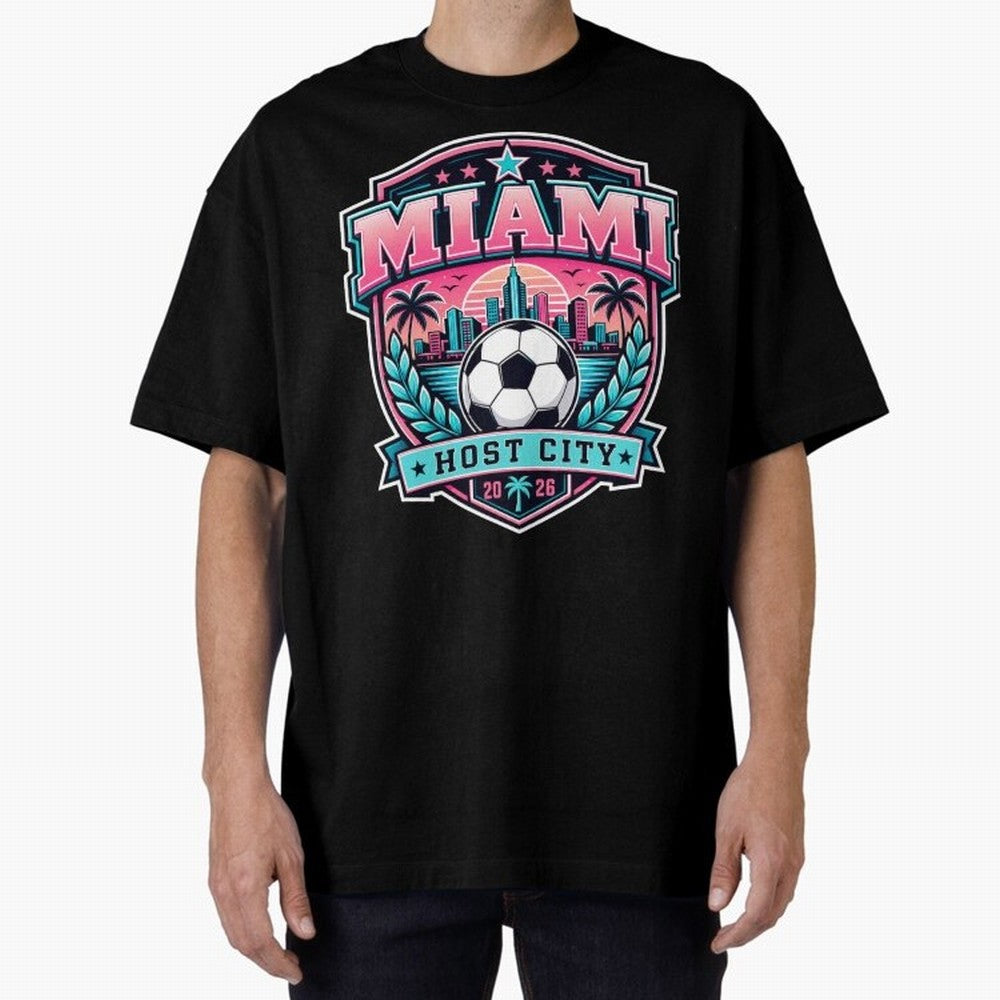Miami 2026 Host City Emblem Soccer Football Events Oversized T-Shirt Stand with FIFA World Cup 2026 Group Stage Centered on Haaland, France Energy, Match Day Excitement, Supporter Culture, Golden Goals and Global Football Passion; Ideal for Fans