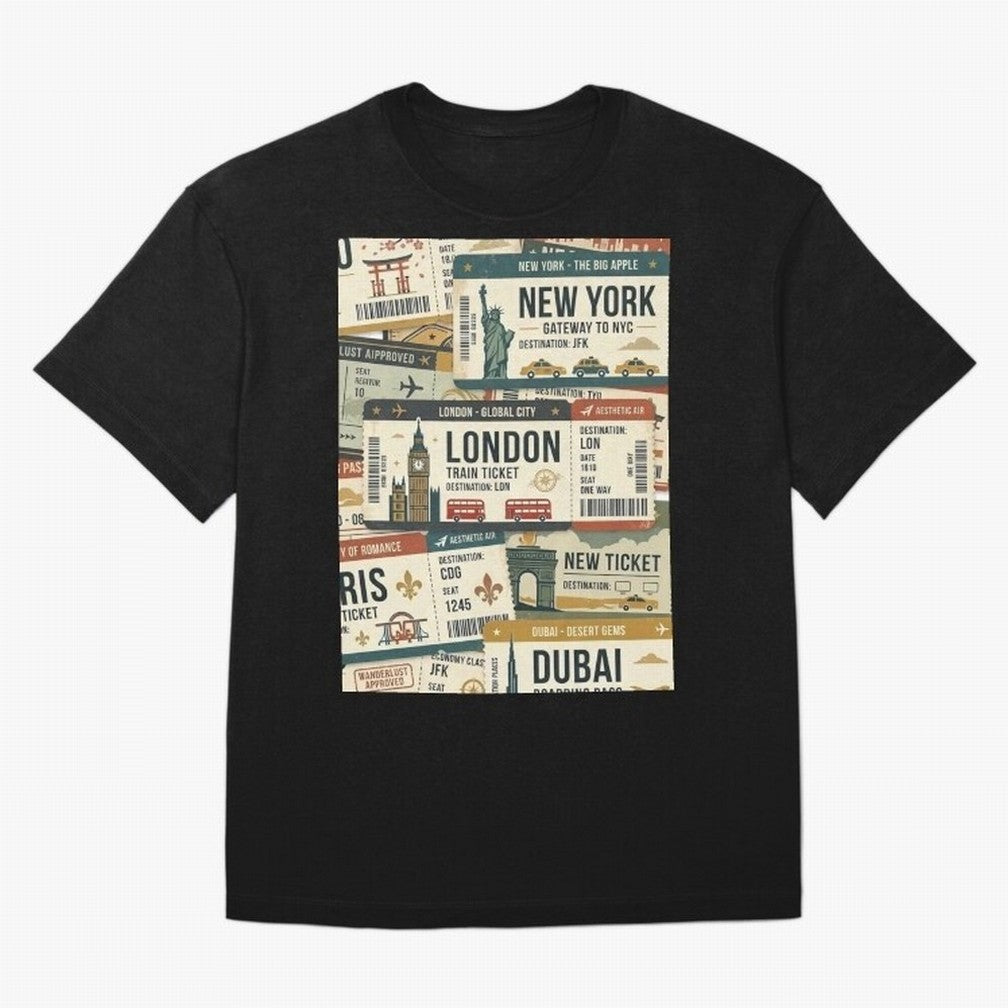 World Travel Ticket Aesthetic Collage Global City Vibes Oversized T-Shirt Get Ready for FIFA World Cup 2026 Group Stage for Fans of Neymar and Netherlands, Bringing Stadium Memories, Football Loyalty, International Chants and Championship