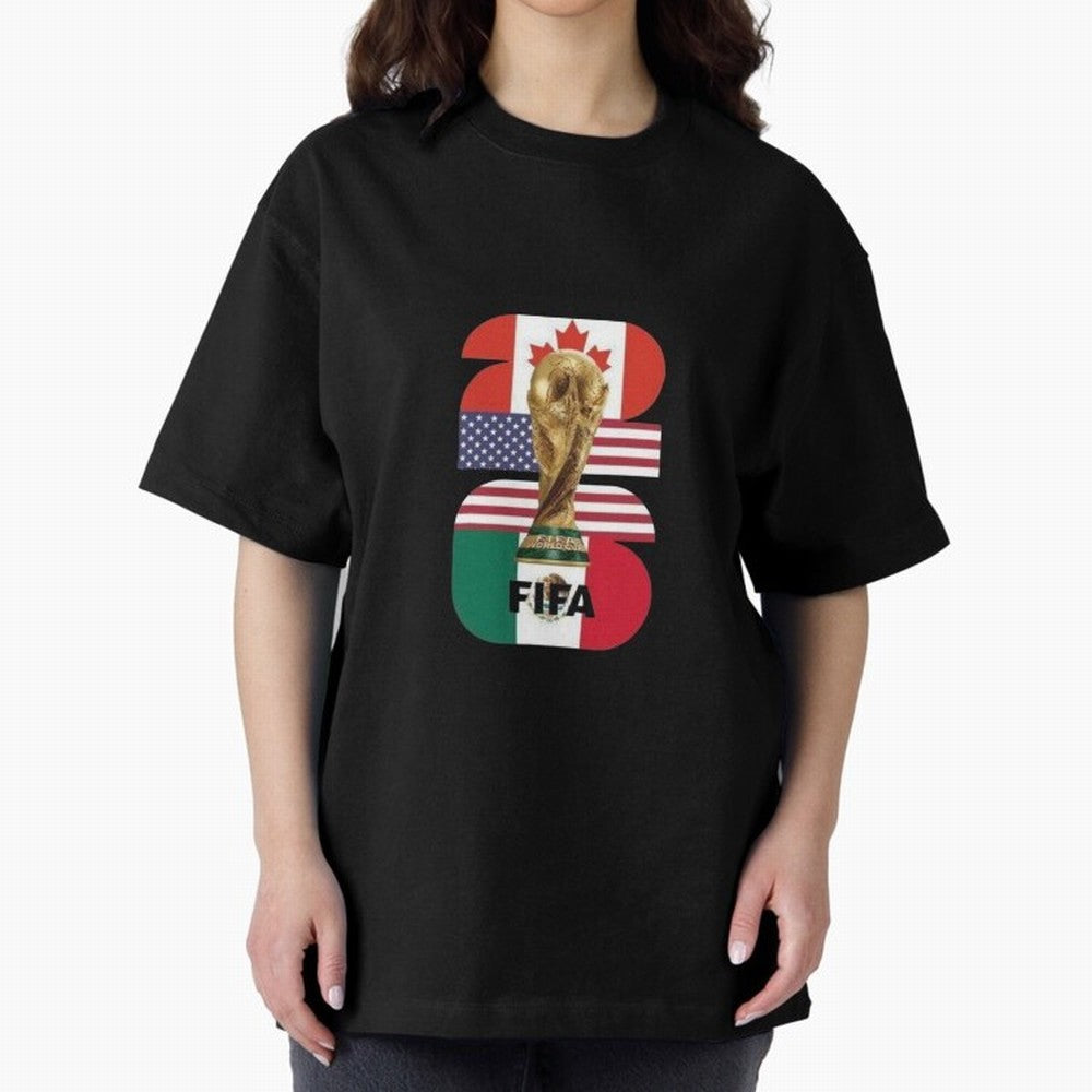 Three Nations Host Trophy Vertical Oversized T-Shirt Feel International Energy from Global Football Passion for FIFA World Cup 2026 USA Canada Mexico, Made for Messi, Neymar and Mbappe, Argentina, Goal Celebration Energy, Supporter Heritage,
