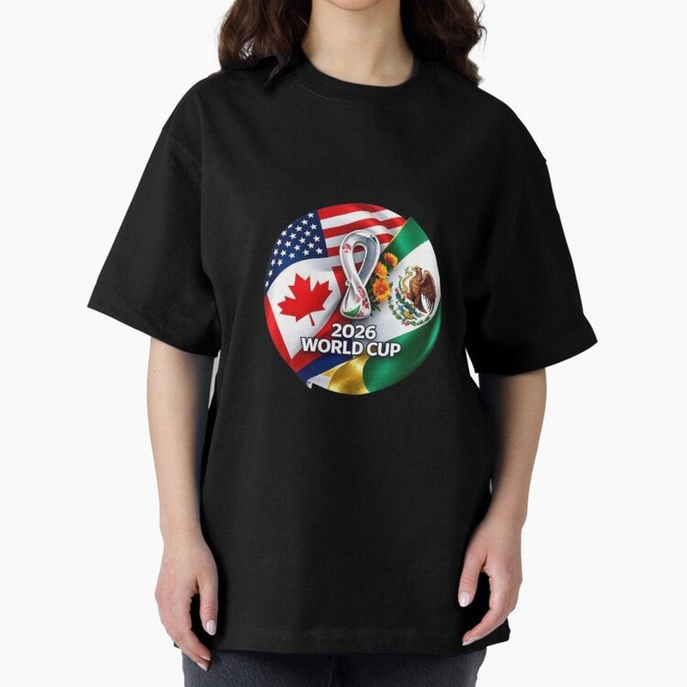 Host Trio Flags Circular Emblem Oversized T-Shirt Stand with FIFA World Cup 2026 USA Canada Mexico Capturing Mbappe, England and Germany Energy, Soccer Culture, Superstar Moments, National Team Dreams and Competitive Fire; Perfect for Supporters