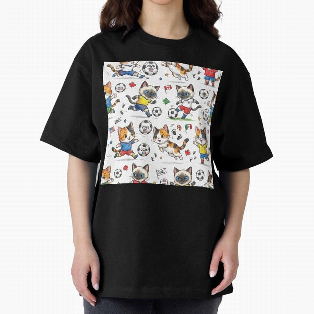 Chibi Soccer Cats 2026 - Cute Football Kittens Pattern Oversized T-Shirt Carry the Colors and Pride of Global Football Passion for FIFA World Cup 2026 Group Stage, Centered on Messi, CR7 and Mbappe, Argentina, Vintage Soccer Flavor, Modern Football