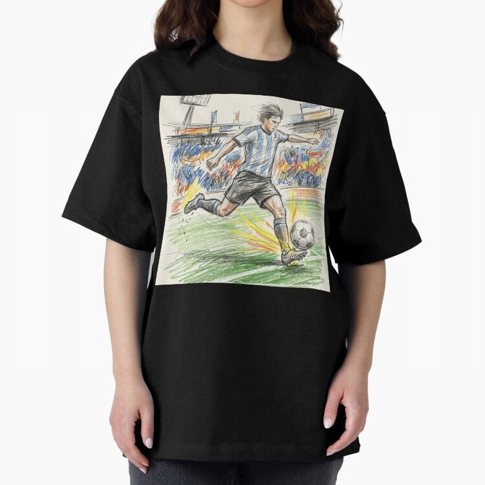 Dynamic Soccer Power Kick - Blue & White Jersey Style Oversized T-Shirt Refresh Global Football Passion for FIFA World Cup 2026, Highlighting CR7 and Messi, Netherlands, Champion Mindset, Group Stage Buzz, Knockout Tension and Passionate Fan