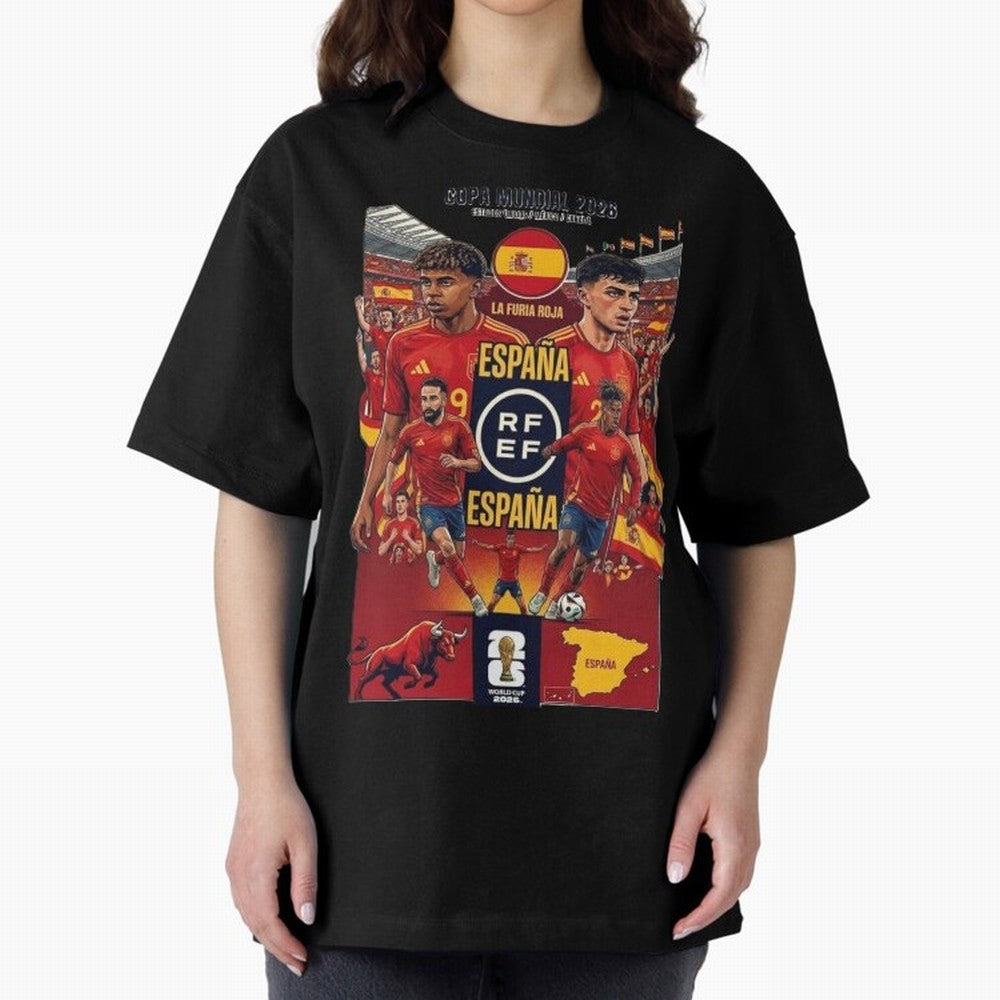 Spain 2026 ¨C La Furia Roja World Cup Poster Oversized T-Shirt Celebrate Rivalries and Pride in FIFA World Cup 2026 Group Stage Spirit, Centered on France, Messi, CR7 and Mbappe, Global Supporter Spirit, Legendary Goals, National Colors and