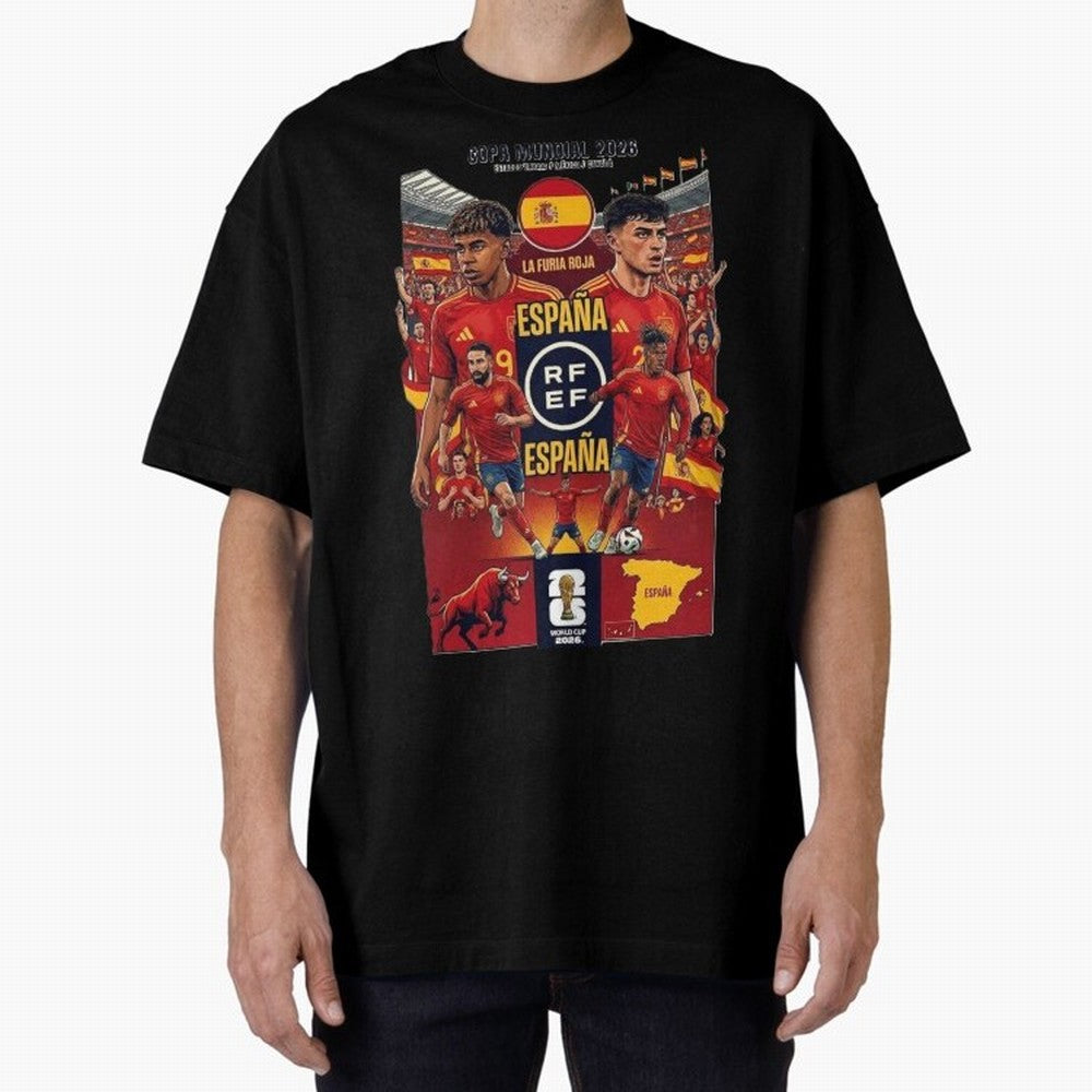 Spain 2026 ¨C La Furia Roja World Cup Poster Oversized T-Shirt Celebrate Rivalries and Pride in FIFA World Cup 2026 Group Stage Spirit, Centered on France, Messi, CR7 and Mbappe, Global Supporter Spirit, Legendary Goals, National Colors and