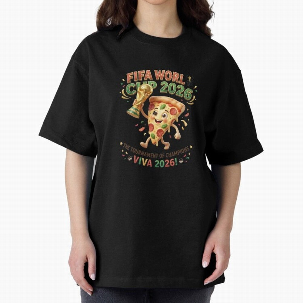 Happy Pizza Character Holding World Cup 2026 Trophy Oversized T-Shirt Honor the Beautiful Game during the FIFA World Cup 2026 Journey through Cristiano Ronaldo, Haaland and CR7 Highlights, Spain and Netherlands Pride, Classic Soccer Heritage,