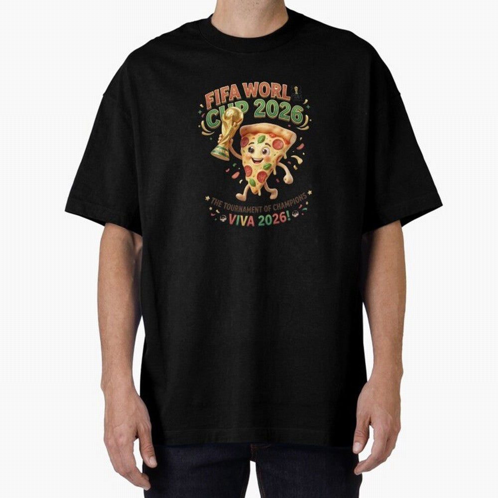 Happy Pizza Character Holding World Cup 2026 Trophy Oversized T-Shirt Honor the Beautiful Game during the FIFA World Cup 2026 Journey through Cristiano Ronaldo, Haaland and CR7 Highlights, Spain and Netherlands Pride, Classic Soccer Heritage,