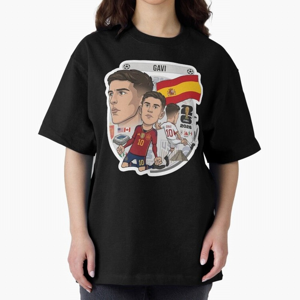 Gavi Spain National Team Football Cartoon Illustration Oversized T-Shirt Show Support during Global Football Passion for FIFA World Cup 2026, Featuring Messi, CR7 and Mbappe, Argentina and Brazil, Game Day Rituals, Football Legends, Country Pride