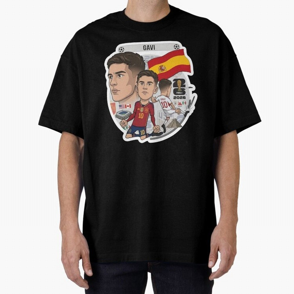 Gavi Spain National Team Football Cartoon Illustration Oversized T-Shirt Show Support during Global Football Passion for FIFA World Cup 2026, Featuring Messi, CR7 and Mbappe, Argentina and Brazil, Game Day Rituals, Football Legends, Country Pride