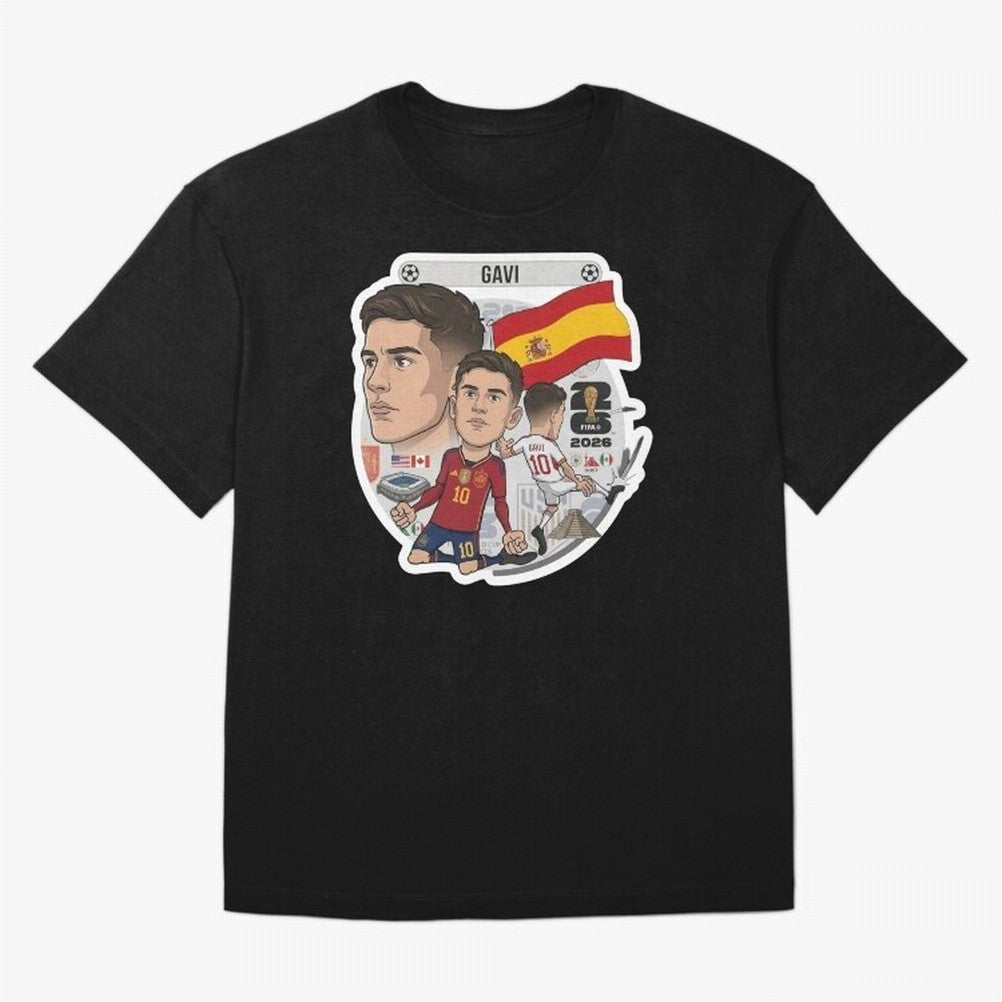 Gavi Spain National Team Football Cartoon Illustration Oversized T-Shirt Show Support during Global Football Passion for FIFA World Cup 2026, Featuring Messi, CR7 and Mbappe, Argentina and Brazil, Game Day Rituals, Football Legends, Country Pride
