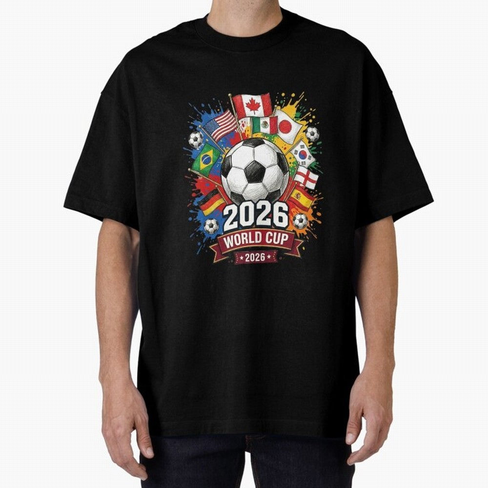 2026 World Cup Soccer Flags Graphic Oversized T-Shirt Back Your Heroes with Global Football Passion for FIFA World Cup 2026 USA Canada Mexico, Driven by Messi, CR7 and Mbappe, Netherlands, Champion Mindset, Group Stage Buzz, Knockout Tension and