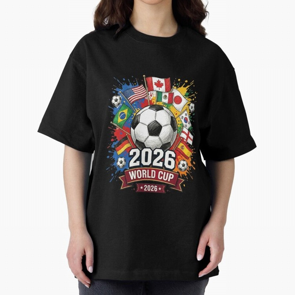 2026 World Cup Soccer Flags Graphic Oversized T-Shirt Back Your Heroes with Global Football Passion for FIFA World Cup 2026 USA Canada Mexico, Driven by Messi, CR7 and Mbappe, Netherlands, Champion Mindset, Group Stage Buzz, Knockout Tension and