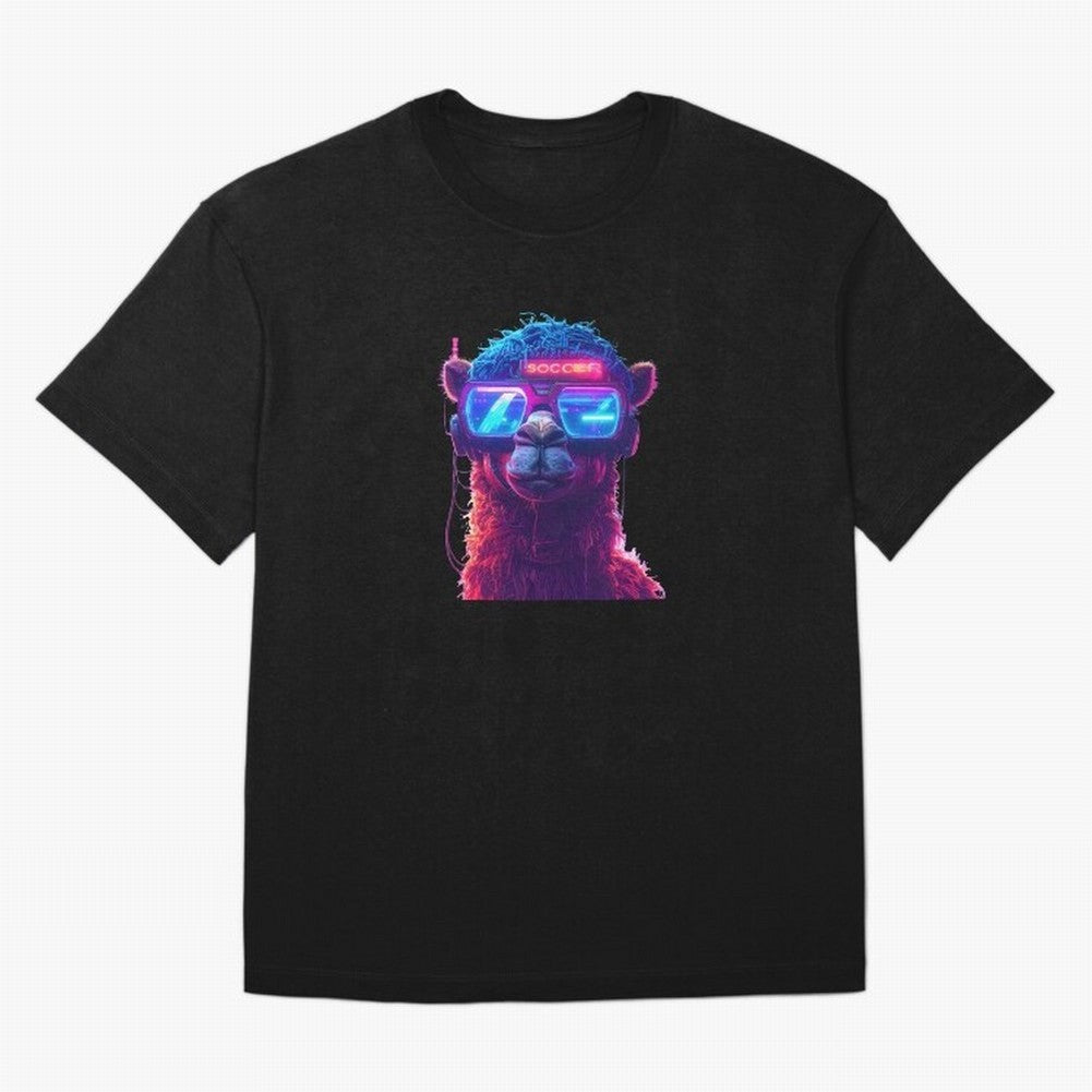 Cyberpunk Llama with Neon Soccer Vibes Oversized T-Shirt Bring Home Global Football Passion for FIFA World Cup 2026 USA Canada Mexico, Inspired by Mbappe, England and Germany, Stadium Memories, Football Loyalty, International Chants and